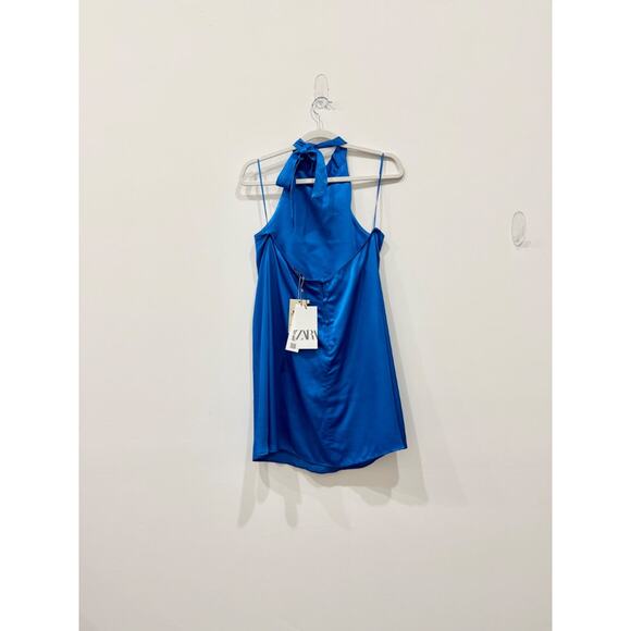 NWT Zara Satin Halterneck Open Back A-Line Mini Dress Royal Blue Women's Size S - Picture 3 of 7